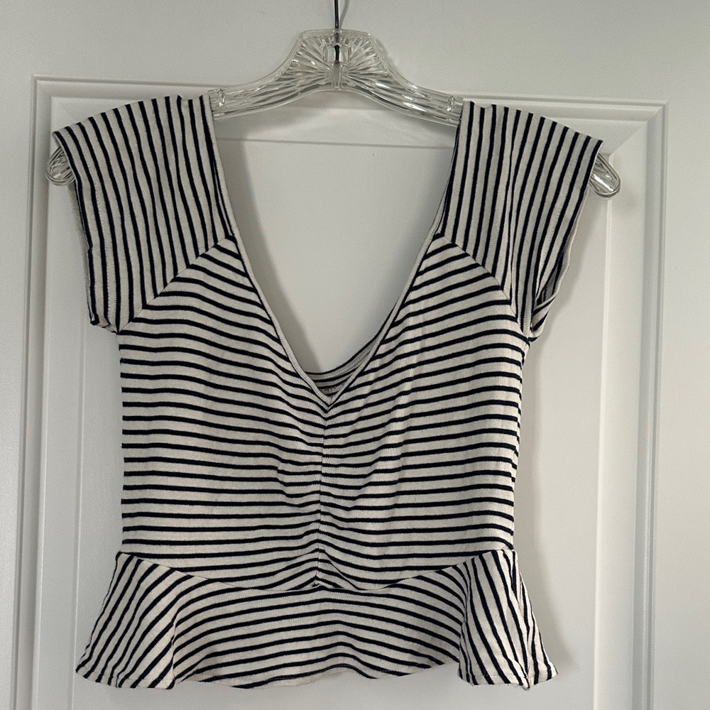 American Eagle Outfitters Navy & White Striped V-Neck Peplum Crop Top